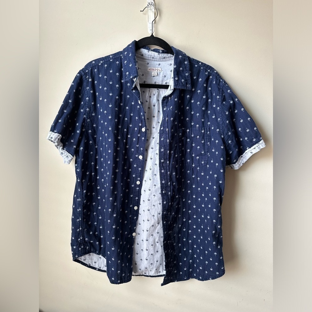 Merona Palm Tree Button Up Short Sleeve Men’s Shirt With Collar 100% Algodon